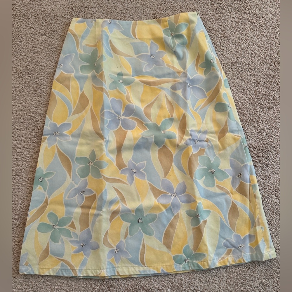 Talbots Petites, Women’s Floral Midi Skirt in Yellow and Blue, Size: 2